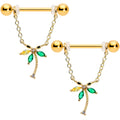 14G 9/16 Green Gem Gold Hue Palm Tree Chain Dangle Nipple Ring Set