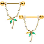 14G 9/16 Green Gem Gold Hue Palm Tree Chain Dangle Nipple Ring Set