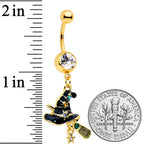 Clear Green Gem Gold Tone Witch Hat Broom Halloween Dangle Belly Ring