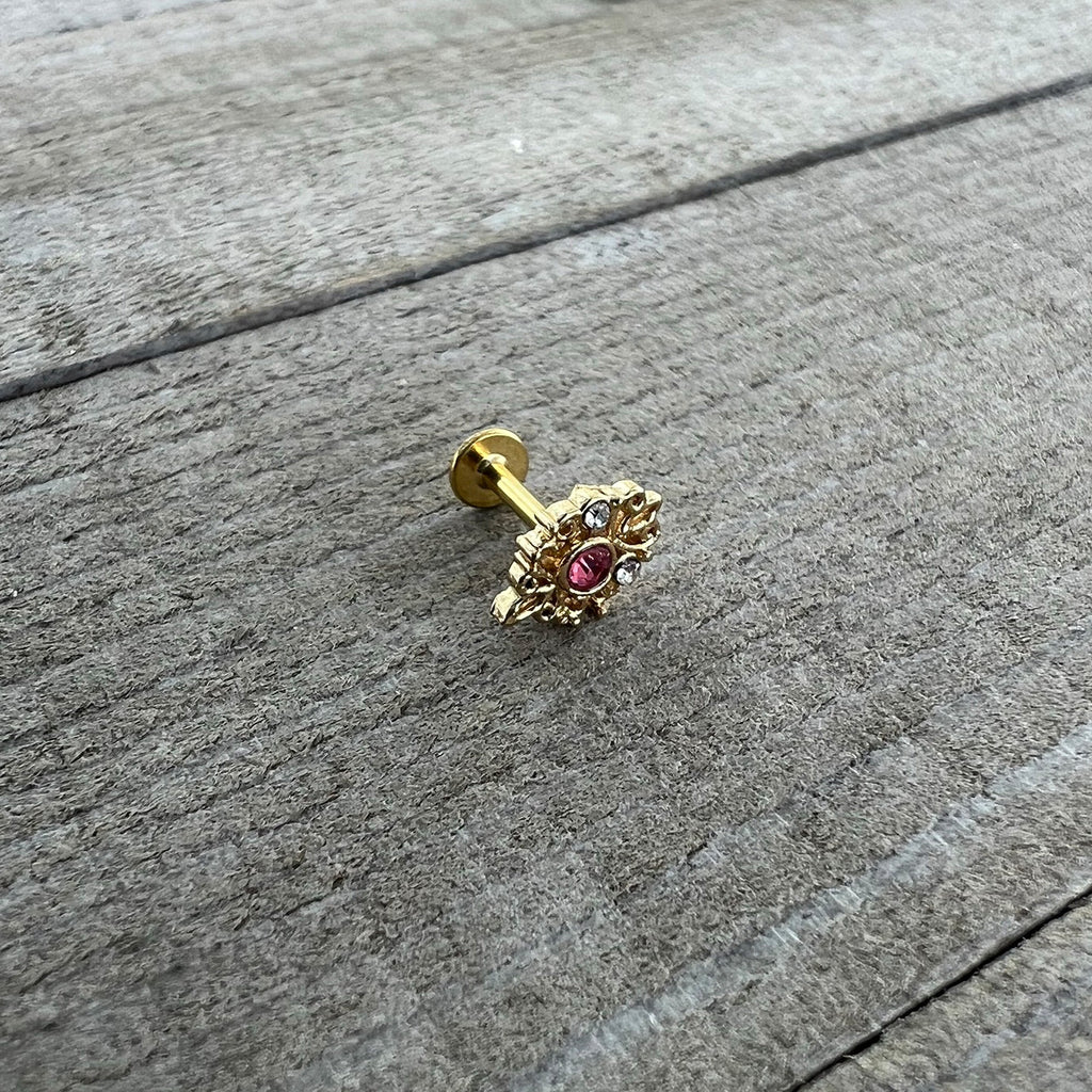 16G 1/4 Pink Clear Gem Gold Tone Lace Love Labret Monroe Tragus