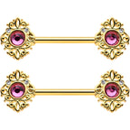 14G 9/16 Pink Gem Gold Hue Open Lace Love Barbell Nipple Ring Set