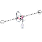 14G Heart Pink Butterfly Dangle Industrial Barbell 38mm