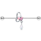14G Heart Pink Butterfly Dangle Industrial Barbell 38mm