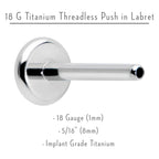 18G 5/16 G23 Titanium Threadless Post Only Labret Tragus Nose