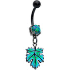 Green Synthetic Opal Black Fall Green Leaf Dangle Belly Ring