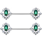 14G 9/16 Clear Green Gem Ornate Art Deco Barbell Nipple Ring Set