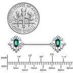 14G 9/16 Clear Green Gem Ornate Art Deco Barbell Nipple Ring Set