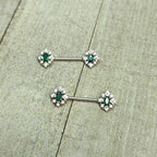 14G 9/16 Clear Green Gem Ornate Art Deco Barbell Nipple Ring Set