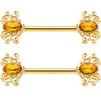 14G 9/16 Yellow Gem Gold Hue Duet Scroll Barbell Nipple Ring Set