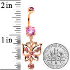 Pink CZ Gem Rose Gold Tone Butterfly Dangle Belly Ring
