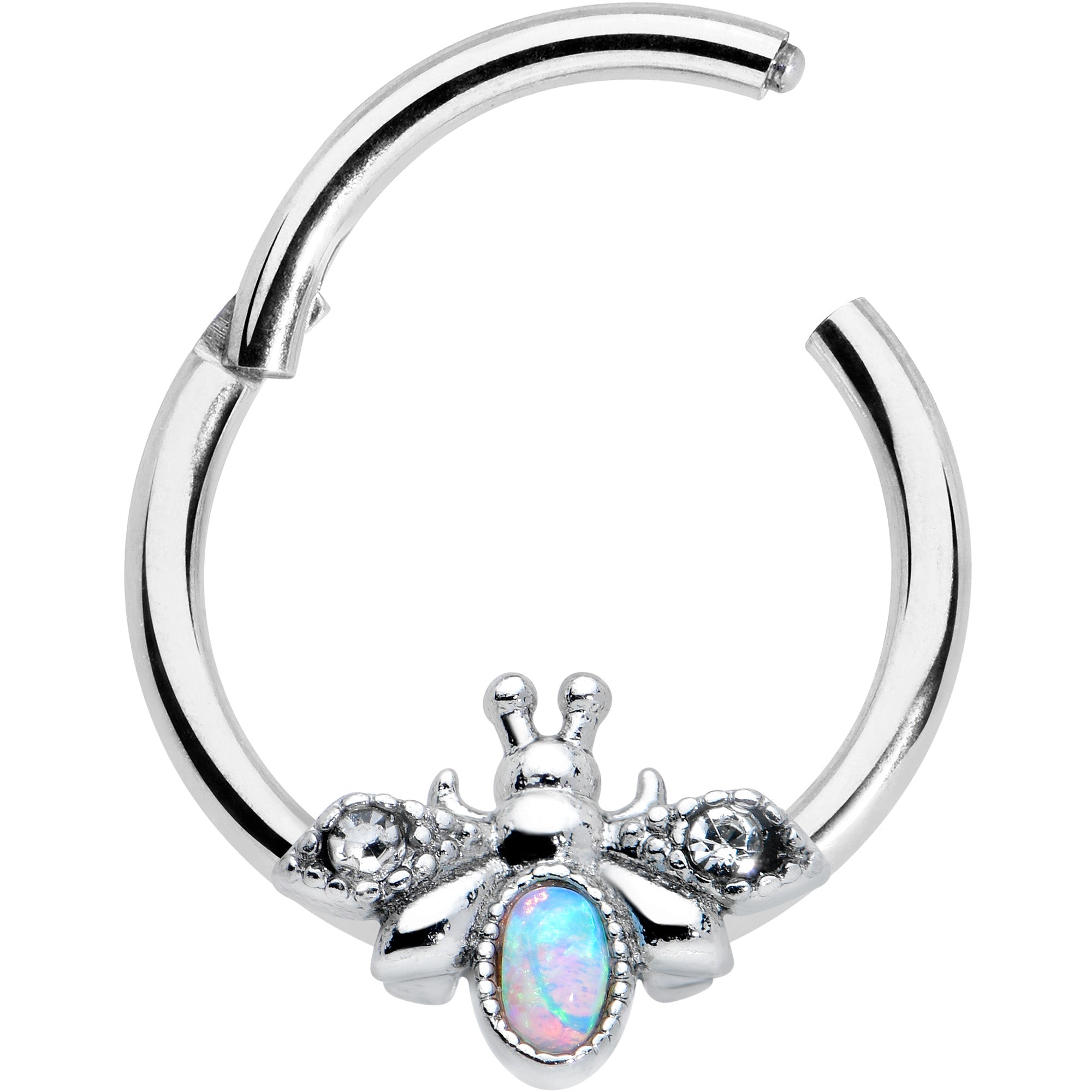 16G 3/8 White Synthetic Opal Insect Hinged Segment Ring