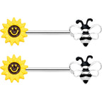 14G 9/16 Bee Smiley Sunflower Barbell Nipple Ring Set