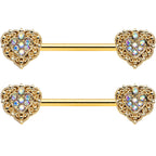 14G 9/16 Aurora Gem Gold Tone Baroque Heart Nipple Ring Set