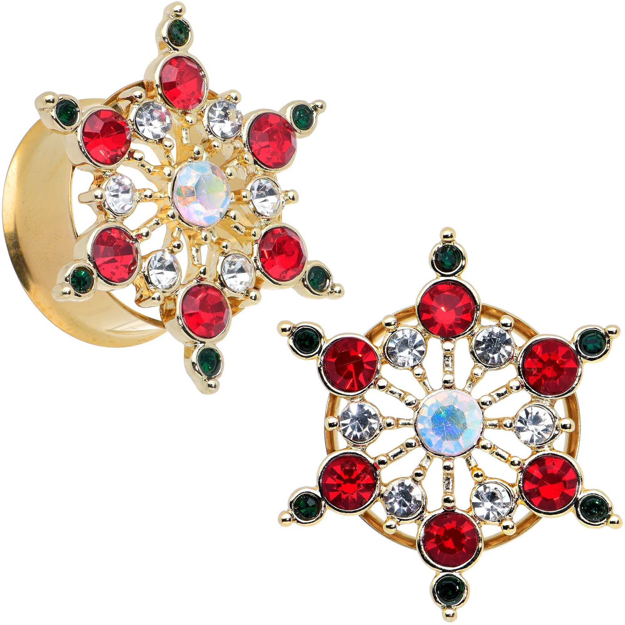 Red Green Gem Gold Tone Bright Christmas Double Flare Plug Set