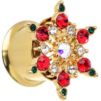 Red Green Gem Gold Tone Bright Christmas Double Flare Plug Set