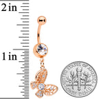 Clear Gem Rose Gold Tone Airy Elegant Butterfly Dangle Belly Ring