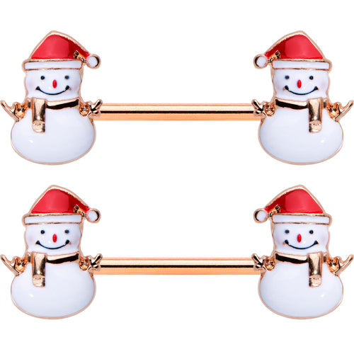 14G 9/16 Rose Gold Tone Smiling Snowman Christmas Nipple Ring Set