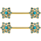 14G 9/16 Aqua Gem Gold Tone Snowflake Christmas Nipple Ring Set