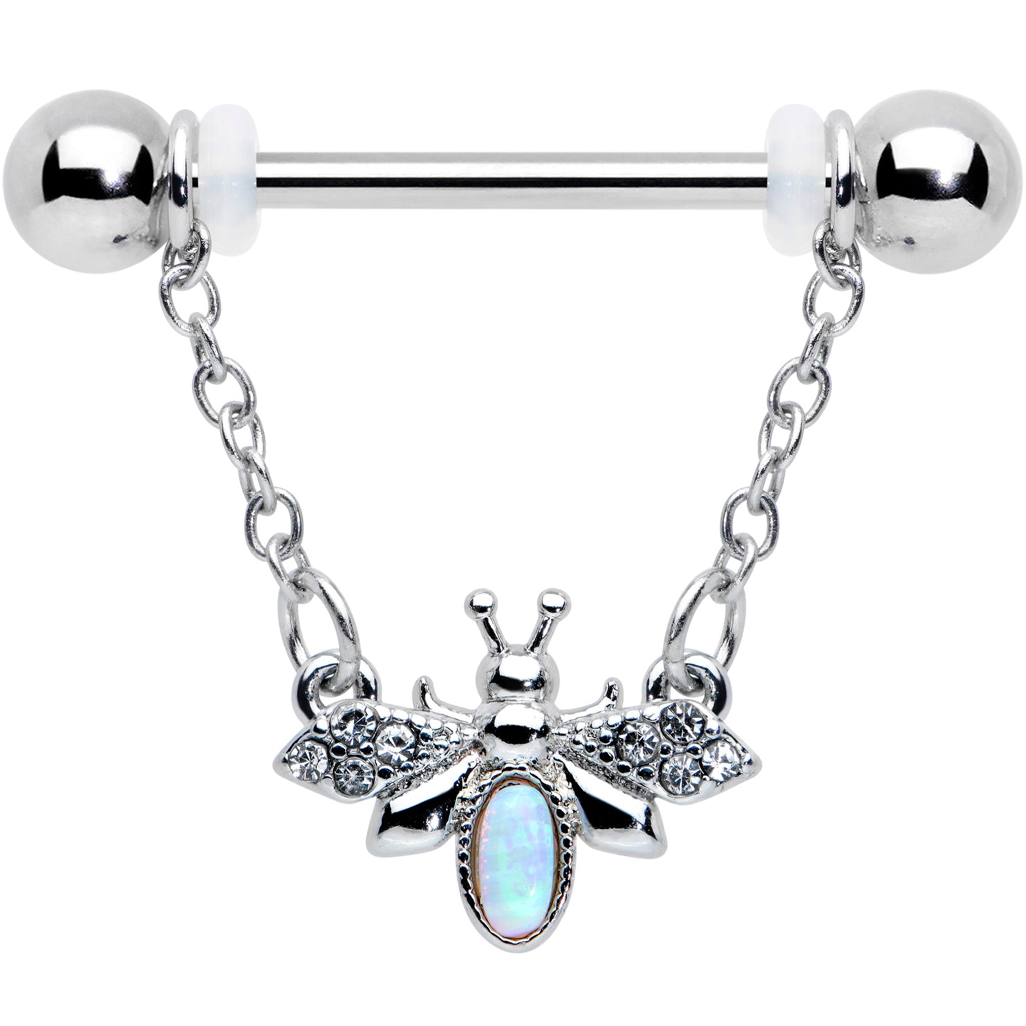 14G 9/16 White Synthetic Opal Chain Dangle Nipple Ring Set