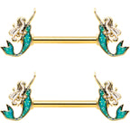 14G 9/16 Green Faux Opal Gold Tone Curvy Mermaid Nipple Ring Set