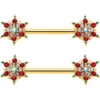 14G 9/16 Red Gem Gold Hue Bright Christmas Barbell Nipple Ring Set