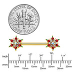 14G 9/16 Red Gem Gold Hue Bright Christmas Barbell Nipple Ring Set