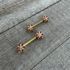 14G 9/16 Red Gem Gold Hue Bright Christmas Barbell Nipple Ring Set