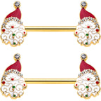 14G 1/2 Clear Gem Gold Tone Decorated Santa Barbell Nipple Ring Set