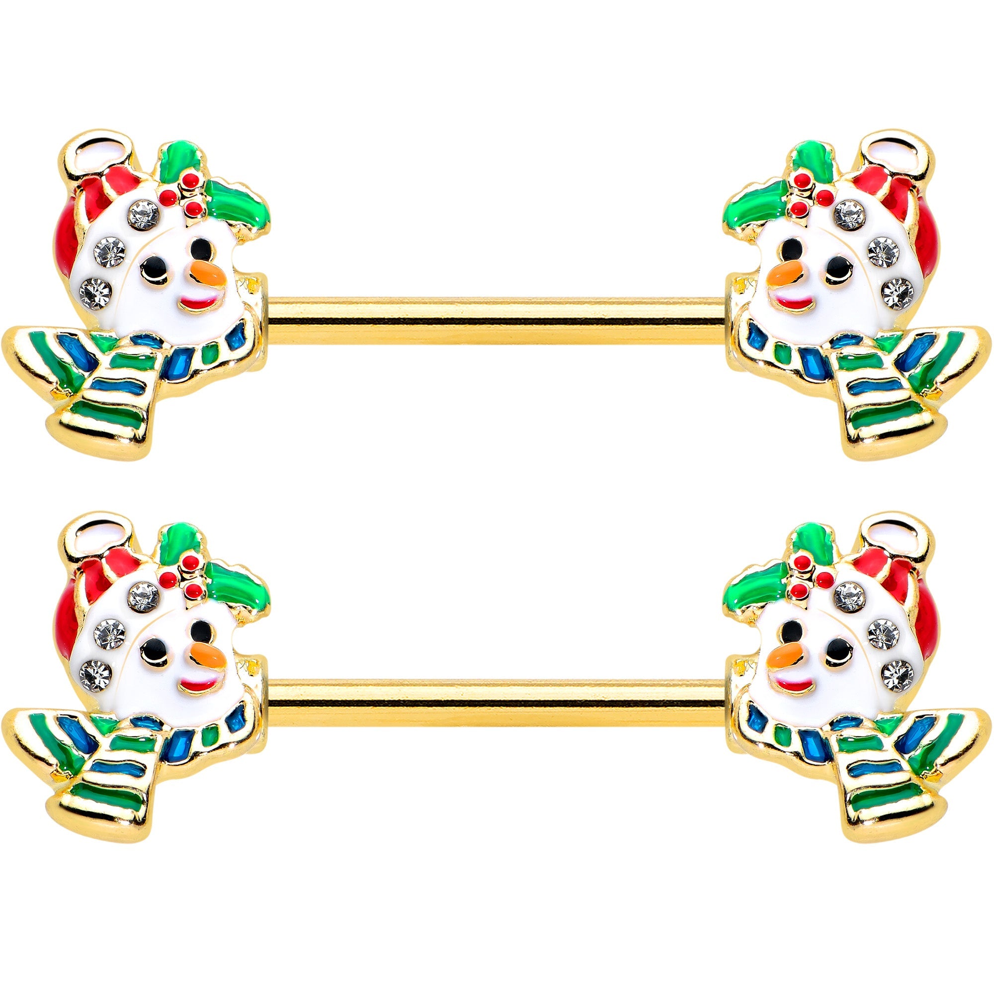 14G 9/16 Clear Gem Gold Tone Snowman Christmas Nipple Ring Set