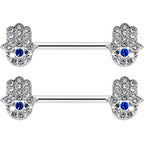 14G 9/16 Clear Blue Gem Eye Hamsa Hand Barbell Nipple Ring Set