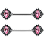 14G 9/16 Pink Gem Rhombus Retro Barbell Nipple Ring Set