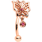 16G 5/16 Pink CZ Gem Rose Gold Tone Butterfly Curved Eyebrow Ring