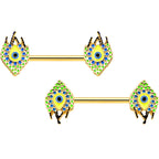 14G 9/16 Gold Tone Bold Peacock Feather Barbell Nipple Ring Set