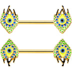 14G 9/16 Gold Tone Bold Peacock Feather Barbell Nipple Ring Set