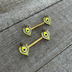 14G 9/16 Gold Tone Bold Peacock Feather Barbell Nipple Ring Set
