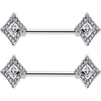 14G 9/16 Clear Gem Double Rhombus Deco Barbell Nipple Ring Set