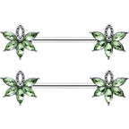14G 9/16 Green Gem Texture Loopy Pot Leaf Barbell Nipple Ring Set