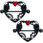 14G 7/8 Red Gem Black Skeleton Steampunk Heart Nipple Shield Set