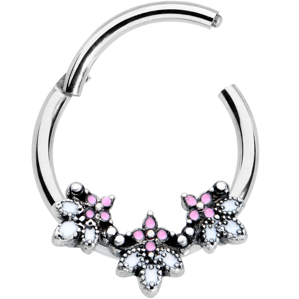16G 3/8 Pink White Abstract Leaf Hinged Segment Ring