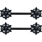 14G 9/16 Clear CZ Gem Black Abstract Sun Barbell Nipple Ring Set