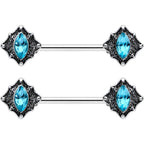 14G 9/16 Blue Gem Rhombus Retro Barbell Nipple Ring Set
