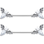 14G 9/16 Clear Gem Flying Bats Halloween Barbell Nipple Ring Set