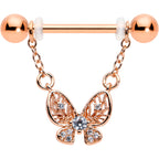 14G 5/8 Clear Gem Rosy Tone Airy Butterfly Dangle Nipple Ring Set