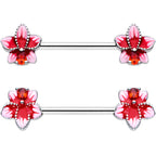 14G 9/16 Red Gem Tropical Flower Barbell Nipple Ring Set