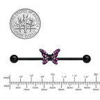 14G Pink Gem Black Midnight Butterfly Industrial Barbell 38mm