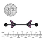 14G Pink Gem Black Moveable Wing Butterfly Industrial Barbell 38mm