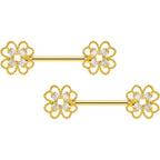 14G 5/8 Clear Gem Gold Tone Texture Cross Barbell Nipple Ring Set