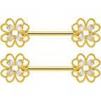 14G 5/8 Clear Gem Gold Tone Texture Cross Barbell Nipple Ring Set