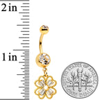 Clear Gem Gold Tone Elegant Textured Shamrock Dangle Belly Ring