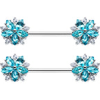 14G 9/16 Blue CZ Gem Floral Burst Barbell Nipple Ring Set